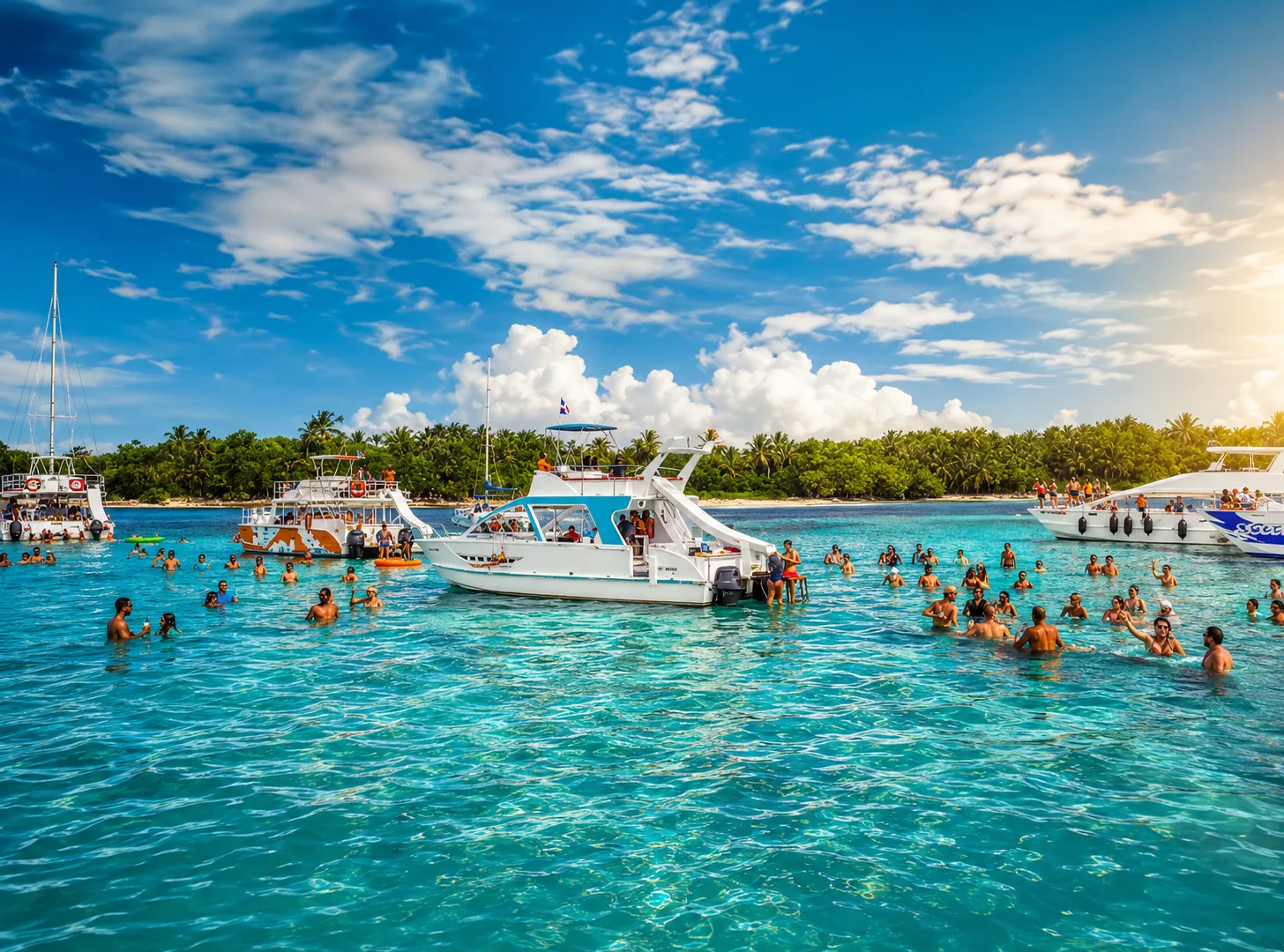 Catamarán Titan con visitantes disfrutando la piscina natural en Punta Cana